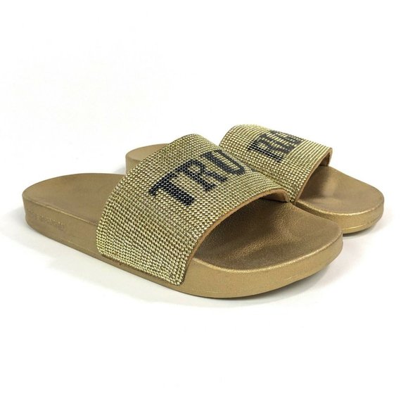 True Religion Shoes - True Religion Womens 6 Medium Width Meyer Bling Gold Rhinestone Slides Sandals